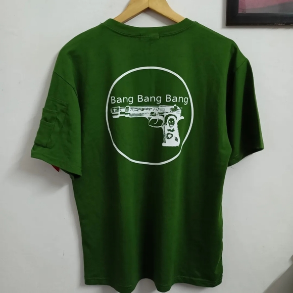 Korean olive green drop sleeves graphic t-shirt for men's and women's - Picture 3 of 4